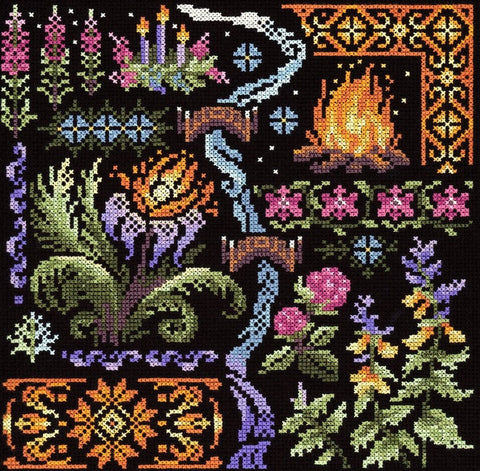 Cross Stitch Embroidery Kit “Sampler. Night” with Aida Fabric, Cotton Threads, Dark Blue and Gray Palette, MP Studia