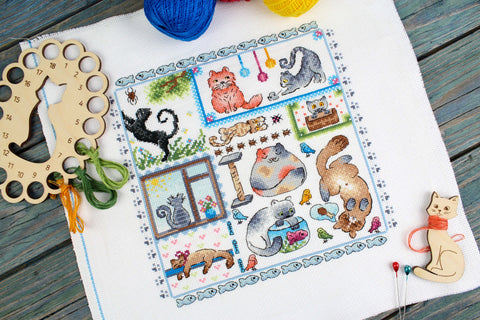 Cross Stitch Embroidery Kit with Cat Motif, 20×20 cm, MP Studia, Multicolor Cotton Threads, Canvas and Pattern