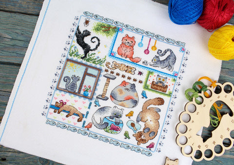 Cross Stitch Embroidery Kit with Cat Motif, 20×20 cm, MP Studia, Multicolor Cotton Threads, Canvas and Pattern