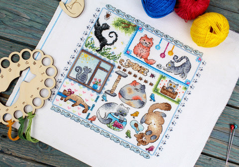Cross Stitch Embroidery Kit with Cat Motif, 20×20 cm, MP Studia, Multicolor Cotton Threads, Canvas and Pattern