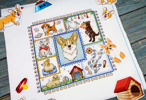 Cross Stitch Kit for Beginners, Puppy Design, 20×20 cm, Aida Fabric, Cotton Threads, Needle and Pattern, MP Studia