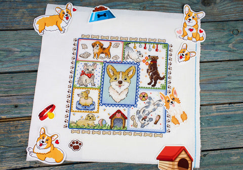 Cross Stitch Kit for Beginners, Puppy Design, 20×20 cm, Aida Fabric, Cotton Threads, Needle and Pattern, MP Studia