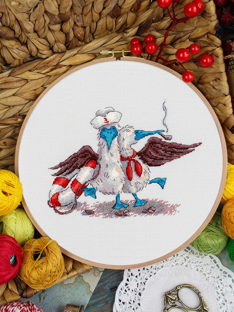 Cross Stitch Embroidery Kit with Nautical Motif, 14x17 cm, MP Studia, 16 Count White Cotton Fabric, 15 Gamma Colors