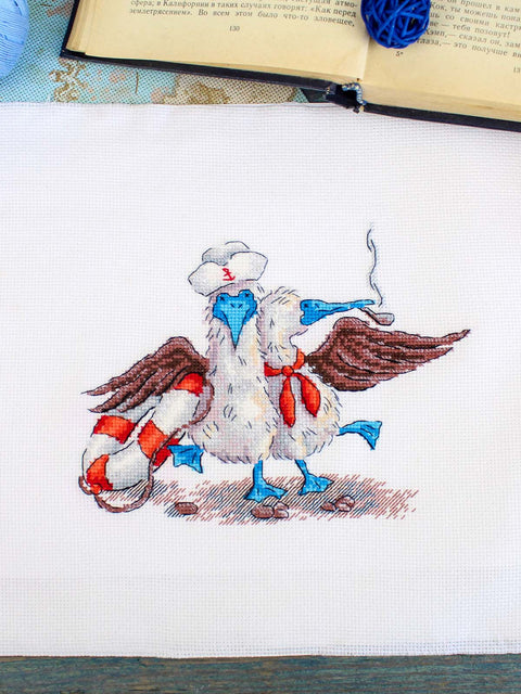 Cross Stitch Embroidery Kit with Nautical Motif, 14x17 cm, MP Studia, 16 Count White Cotton Fabric, 15 Gamma Colors
