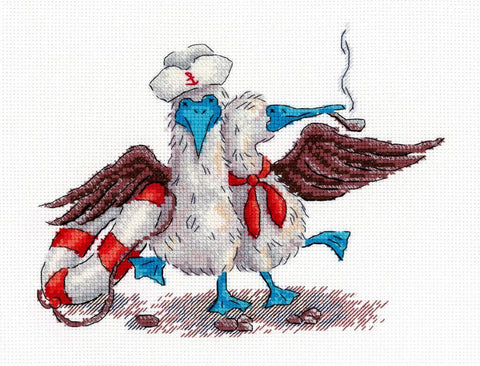Cross Stitch Embroidery Kit with Nautical Motif, 14x17 cm, MP Studia, 16 Count White Cotton Fabric, 15 Gamma Colors