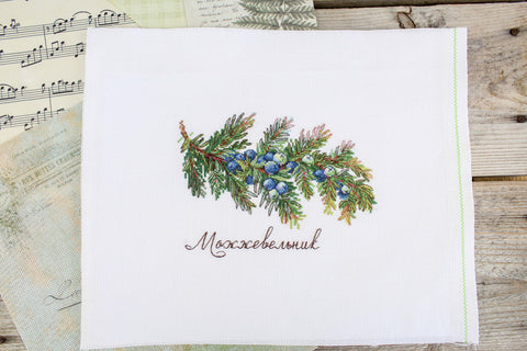 Cross Stitch Kit with Juniper Nature Motif, MP Studia, 12 × 16 cm, Green and Brown Tones, Beginner Friendly, Aida Fabric