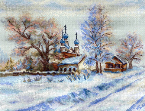 Cross Stitch Kit Rural Temple Landscape, MP Studia, 22×27 cm, Beginner-Friendly Embroidery Set with Canvas, Threads, Needle and Chart
