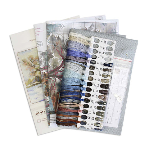 Cross Stitch Kit Rural Temple Landscape, MP Studia, 22×27 cm, Beginner-Friendly Embroidery Set with Canvas, Threads, Needle and Chart