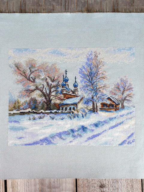 Cross Stitch Kit Rural Temple Landscape, MP Studia, 22×27 cm, Beginner-Friendly Embroidery Set with Canvas, Threads, Needle and Chart