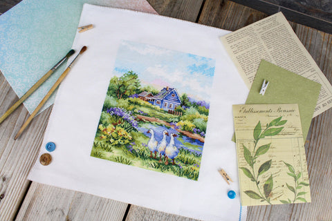 Cross Stitch Kit Summer in the Village Landscape, MP Studia, 20×16 cm, Cotton Threads, Aida Canvas, Needle and Pattern