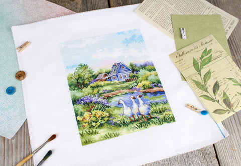 Cross Stitch Kit Summer in the Village Landscape, MP Studia, 20×16 cm, Cotton Threads, Aida Canvas, Needle and Pattern