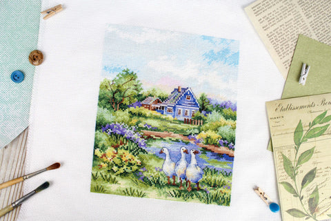 Cross Stitch Kit Summer in the Village Landscape, MP Studia, 20×16 cm, Cotton Threads, Aida Canvas, Needle and Pattern