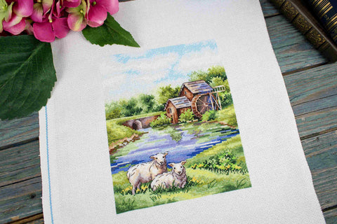 Old Mill Cross Stitch Kit, Landscape Design, MP Studia, 20×16 cm, Aida Canvas, Cotton Threads, Intermediate Level