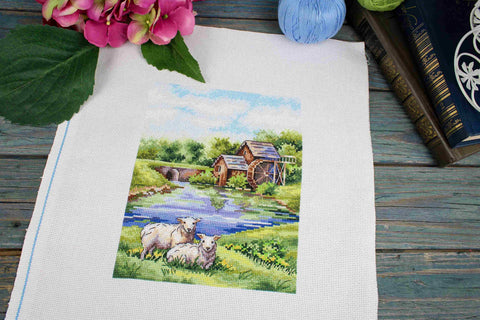 Old Mill Cross Stitch Kit, Landscape Design, MP Studia, 20×16 cm, Aida Canvas, Cotton Threads, Intermediate Level