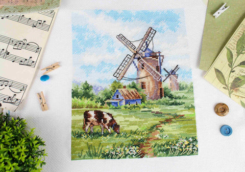 Cross Stitch Kit Native Land Landscape, 20×16 cm, Beginner-Friendly, Aida Fabric, Cotton Threads, Needle and Pattern by MP Studia