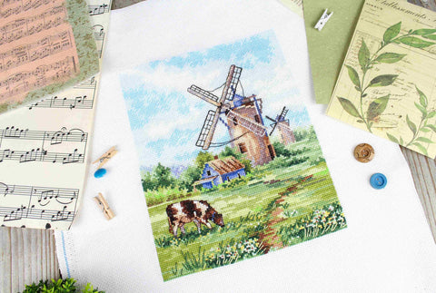 Cross Stitch Kit Native Land Landscape, 20×16 cm, Beginner-Friendly, Aida Fabric, Cotton Threads, Needle and Pattern by MP Studia