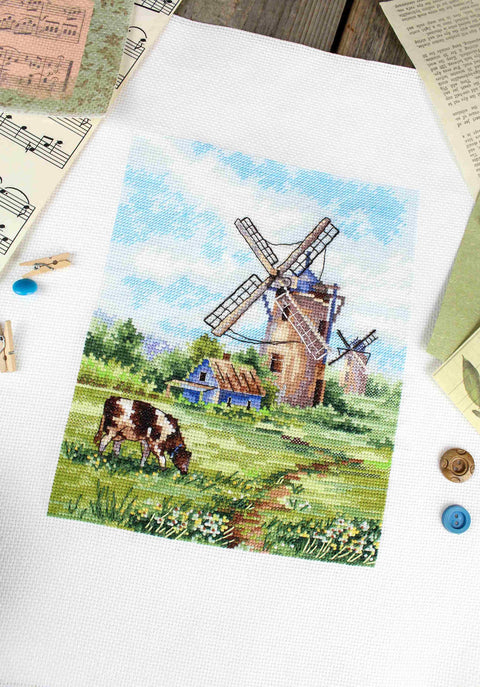 Cross Stitch Kit Native Land Landscape, 20×16 cm, Beginner-Friendly, Aida Fabric, Cotton Threads, Needle and Pattern by MP Studia