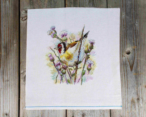 Cross Stitch Embroidery Kit with Goldfinch Motif, MP Studia, 18×19 cm, Bird-Themed Needlework for Beginners and Advanced Crafters