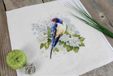 Cross Stitch Kit with Swallow Motif, MP Studia, 18 × 19 cm, Aida Fabric, Cotton Threads, Pattern and Instructions