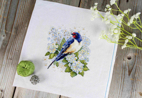 Cross Stitch Kit with Swallow Motif, MP Studia, 18 × 19 cm, Aida Fabric, Cotton Threads, Pattern and Instructions