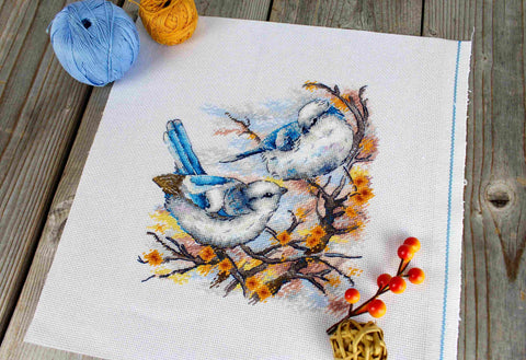 Cross Stitch Kit with Bird Motif, MP Studia, 20x18 cm, Multicolor Aida Fabric, Threads, Needle and Pattern, Beginner Friendly