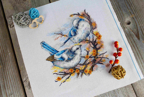 Cross Stitch Kit with Bird Motif, MP Studia, 20x18 cm, Multicolor Aida Fabric, Threads, Needle and Pattern, Beginner Friendly
