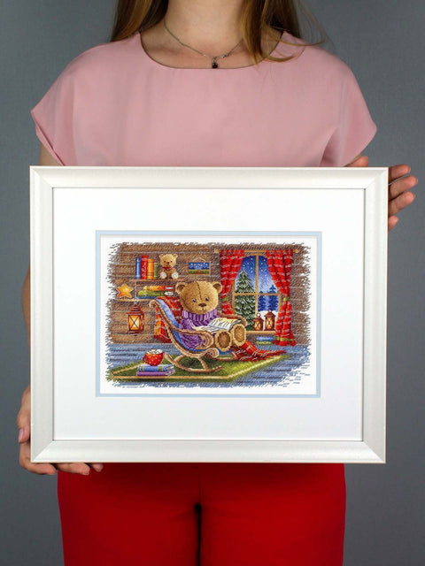 Cross Stitch Kit with Reading Theme, Complete Embroidery Set, MP Studia, 20 × 25 cm Wall Art DIY Craft Beading Project