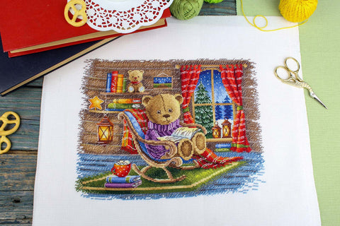 Cross Stitch Kit with Reading Theme, Complete Embroidery Set, MP Studia, 20 × 25 cm Wall Art DIY Craft Beading Project