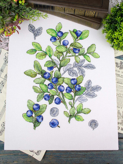 Blueberry Cross Stitch Kit, 16 Count Cotton Canvas, MP Studia, 28 x 20 cm Botanical Berry Branch Pattern