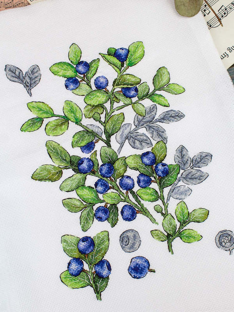 Blueberry Cross Stitch Kit, 16 Count Cotton Canvas, MP Studia, 28 x 20 cm Botanical Berry Branch Pattern