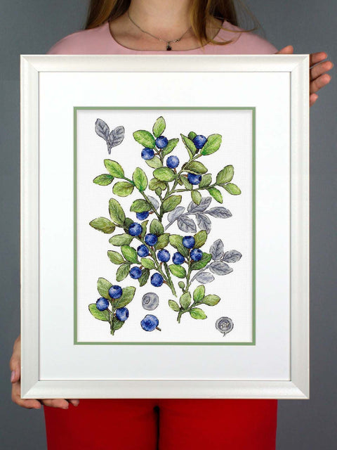 Blueberry Cross Stitch Kit, 16 Count Cotton Canvas, MP Studia, 28 x 20 cm Botanical Berry Branch Pattern
