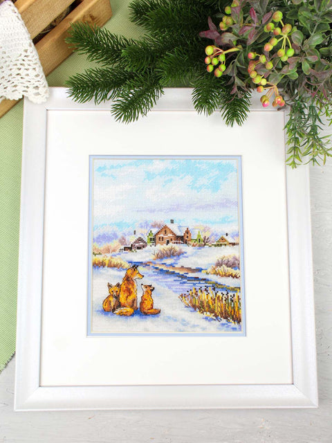 Cross Stitch Embroidery Kit Red Family, Winter Animal Landscape, 20 x 16 cm, MP Studia, 16 Count Cotton Canvas, 31 Gamma Colors