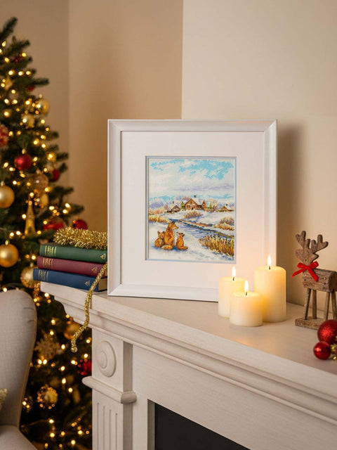 Cross Stitch Embroidery Kit Red Family, Winter Animal Landscape, 20 x 16 cm, MP Studia, 16 Count Cotton Canvas, 31 Gamma Colors