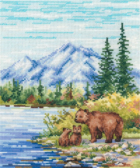 Cross Stitch Kit Mountain River Landscape, MP Studia, 20 × 16 cm, Beginner-Friendly Embroidery Wall Art DIY Craft Set