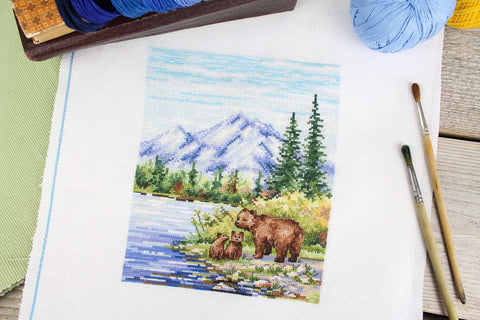 Cross Stitch Kit Mountain River Landscape, MP Studia, 20 × 16 cm, Beginner-Friendly Embroidery Wall Art DIY Craft Set