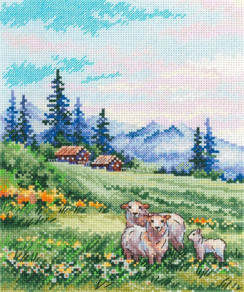 Cross Stitch Kit Alpine Meadows Mountain Landscape, 20 x 16 cm, 16 Count Cotton Fabric, 36-Color Gamma Threads, MP Studia