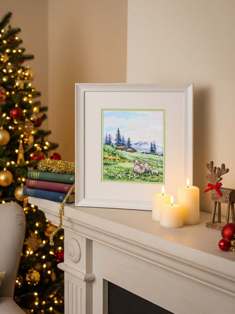 Cross Stitch Kit Alpine Meadows Mountain Landscape, 20 x 16 cm, 16 Count Cotton Fabric, 36-Color Gamma Threads, MP Studia