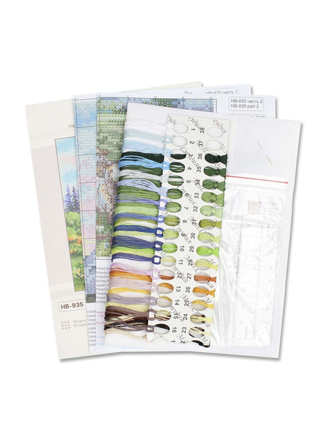Cross Stitch Kit Alpine Meadows Mountain Landscape, 20 x 16 cm, 16 Count Cotton Fabric, 36-Color Gamma Threads, MP Studia