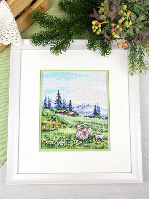 Cross Stitch Kit Alpine Meadows Mountain Landscape, 20 x 16 cm, 16 Count Cotton Fabric, 36-Color Gamma Threads, MP Studia
