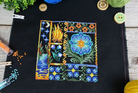 Mini Cross Stitch Kit with Fern Flower Motif, Beginner-Friendly Sampler, Green and Natural Tones, MP Studia
