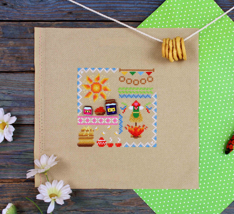 Cross Stitch Kit Mini Sampler Pancake Week, MP Studia, Aida Fabric, Cotton Threads, Needle and Color Pattern