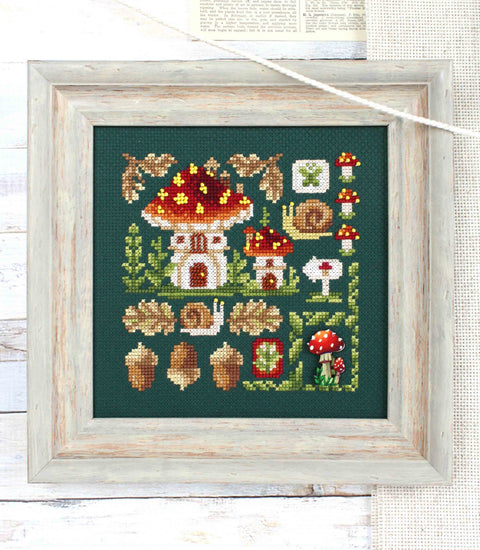 Mini Cross Stitch Kit, Red Toadstool Cottage Motif, Aida Fabric, Cotton Threads, Needle, Pattern and Instructions by MP Studia