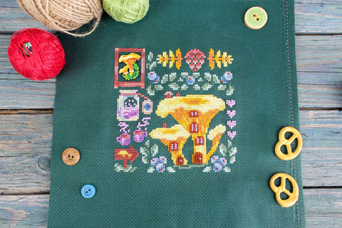 Cross Stitch Kit, Chanterelle House Mini Sampler, Autumn Tones, MP Studia, Beginner-Friendly Wall Art Project