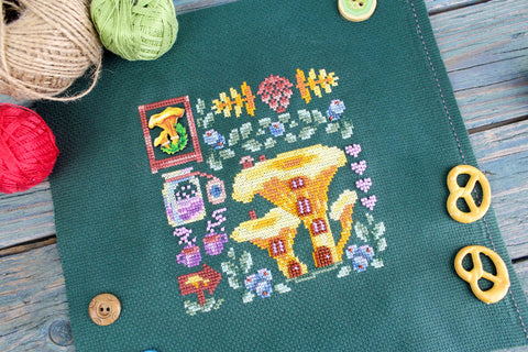 Cross Stitch Kit, Chanterelle House Mini Sampler, Autumn Tones, MP Studia, Beginner-Friendly Wall Art Project