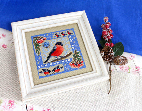Winter Cross Stitch Kit, Mini Sampler, MP Studia, Aida Fabric, Cotton Threads, White Blue Gray Palette, Beginner Friendly