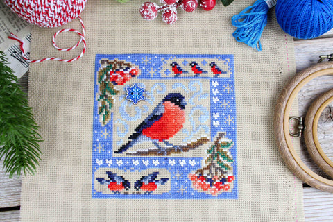 Winter Cross Stitch Kit, Mini Sampler, MP Studia, Aida Fabric, Cotton Threads, White Blue Gray Palette, Beginner Friendly