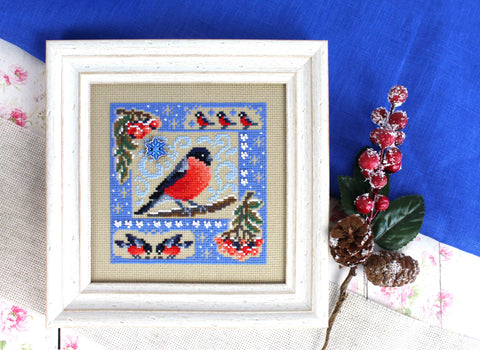 Winter Cross Stitch Kit, Mini Sampler, MP Studia, Aida Fabric, Cotton Threads, White Blue Gray Palette, Beginner Friendly