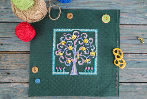 Cross Stitch Kit Mini Tree of Wishes Sampler for Beginners, MP Studia, Multicolor Embroidery Project with Fabric, Threads, Needle and Chart