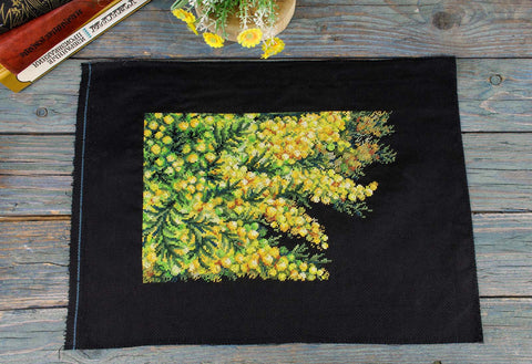 Cross Stitch Embroidery Kit with Spring Mimosa Design, MP Studia, 18 × 27 cm, Yellow Flowers and Green Leaves