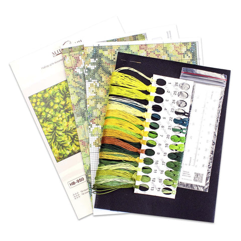 Cross Stitch Embroidery Kit with Spring Mimosa Design, MP Studia, 18 × 27 cm, Yellow Flowers and Green Leaves
